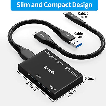 SD Card Reader 7 in 1, Kxable USB 3.0 Memory Card Reader/Writer 5Gbps, for SD/Micro SD/MS/CF/MMC/XD/SDHC/SDXC Camera Memory Card, Reader for Mac OS, Windows, Linux- with 2 USB A/C to Micro 3.0 Cables