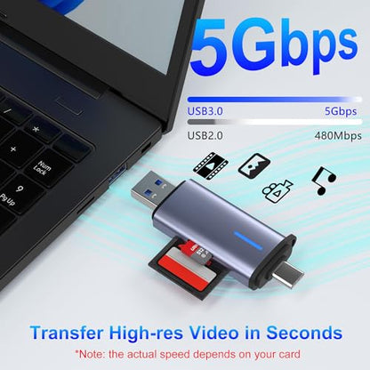 USB 3.0 SD Card Reader, 5Gbps 2-in-1 Type-C & USB-A Dual Slot Memory Card Reader, Simultaneous SD/Micro SD Read & Write, Compatible with iPhone 16/15, MacBook, iPad, Android, PC, Laptop, Camera