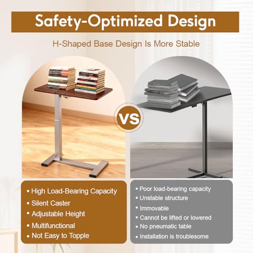 Pneumatic Overbed Table with Wheels, Height Adjustable Bedside Table with Ultra-Low Base for Hospital & Home, Rolling Laptop Cart with Walnut Finish - color: Walnut