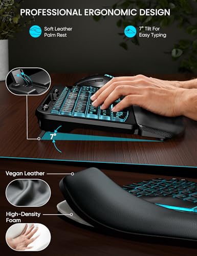SABLUTE MA22 Pro Wireless Keyboard and Mouse Combo - Ergonomic Wave Keyboard with Soft Leather Wrist Rest, Phone Holder, Rechargeable, RGB Backlit Mouse, Full-Size Set for Windows/Mac/Computer - color: Black