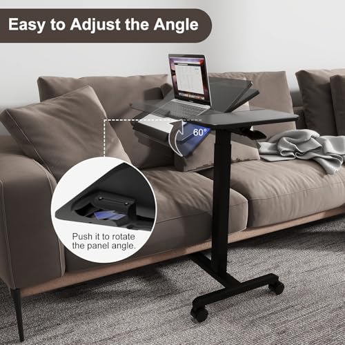 PUNCIA 28" Overbed Table with Split Tilting Desktop,Pneumatic C Table,Black | Mobile Laptop Desk for Bedside, Height Adjustable End Table with Wheels, Computer Cart for Home Sofa Office & Hospital Use - color: Black