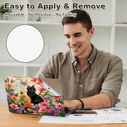 Universal Laptop Skin Sticker Decal 11-15.6 Inches, Black Cat Floral | Reusable Vinyl Sticker for 12.1 13 13.3 14 15.4 Inches Notebook PC, Scratch Resistant Waterproof, Easy to Trim & Apply - color: Black Cat Floral