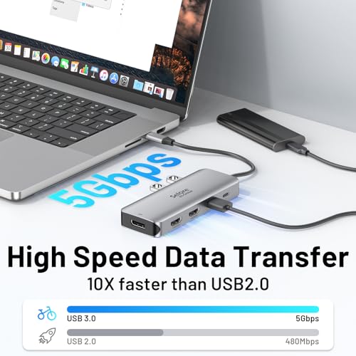 USB C Docking Station Dual HDMI Monitor Adapter 9 in 1 Triple Display Hub | Dual HDMI, Displayport, SD/microSD Card Reader, 2 USB 2.0, 1 USB 3.0, 100W PD, for USB C Thunderbolt 3/4 Laptops - color: Grey