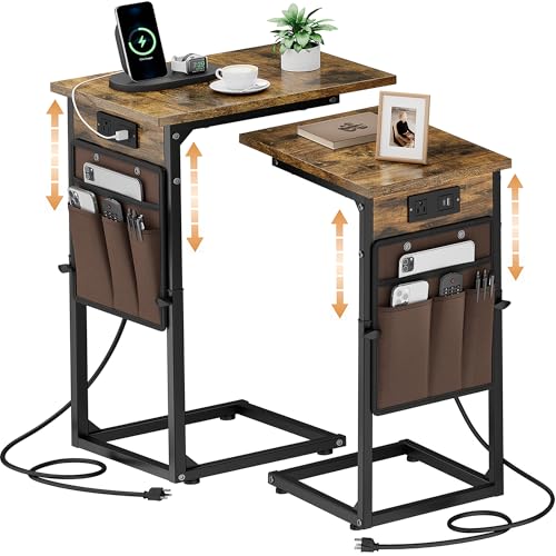 Vagusicc C-Shaped End Tables Set of 2 with Charging Station, 33'' Tall C Table Adjustable Height Side Table, Sofa Table for Couch, Couch Table that Slide Under Sofa, TV Trays for Living Room, Brown - color: 2pc Rustic Brown, style: With Plug
