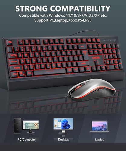 USB Wired Keyboard and Mouse Combo with Backlit, Large Print for Computer | Red/Green/Yellow Light Up, Silent, Multimedia Keys, Number Pad, 4 Levels DPI RGB Mouse for PC PS5 Office, Elderly Low Vision