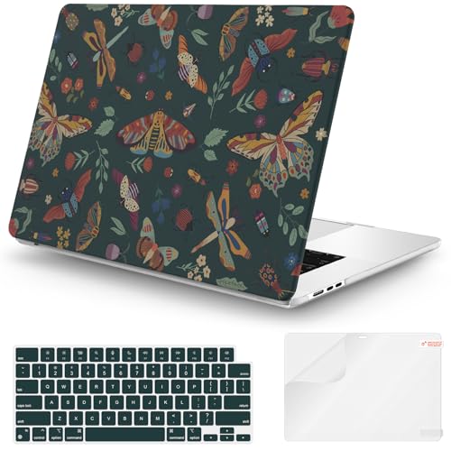 iCasso for M5 MacBook Air 15 inch Case 2026 2025-2023 M4 M3 M2 Model A3448 A3241 A3114 A2941,Slim Protective Pattern Hard Shell Case for Mac Air 15.3", Keyboard Cover + Screen Flim,Green Butterflies - color: Green Butterfly