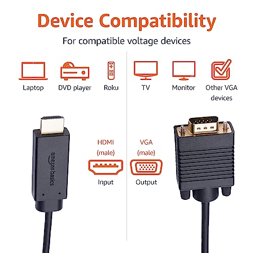 Amazon Basics HDMI (Source) to VGA (Display) Cable (ONE-Directional), Male to Male, 1080P, Gold-Plated, 6 feet, Black - size: 6 feet