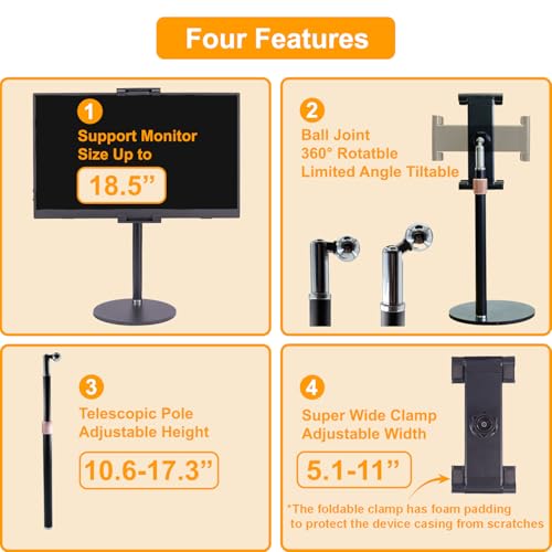 Portable Monitor Stand Tablet Stand for Desk Kindle Holder with Metal Disk, Telescopic Pole and Super Wide Clamp Portable Monitor Mount 15.6 inch 18.5 inch FL12C