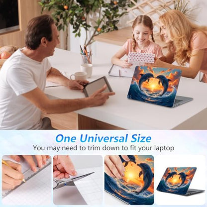 Universal Laptop Skin Sticker Decal with 2 Wrist Pad Skins, Waterproof Scratch Vinyl Cover for 11–15.6 Inch MacBook, HP, Dell, Lenovo, Cutable & Reusable,Dolphin Heart Sunset - color: Dolphin Heart Sunset