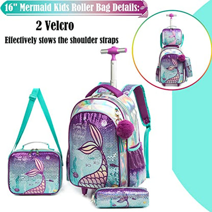 School Kids Rolling Backpack for Girls 3PCS With Trolley Wheeled Backpacks - color: Purple-220308-l