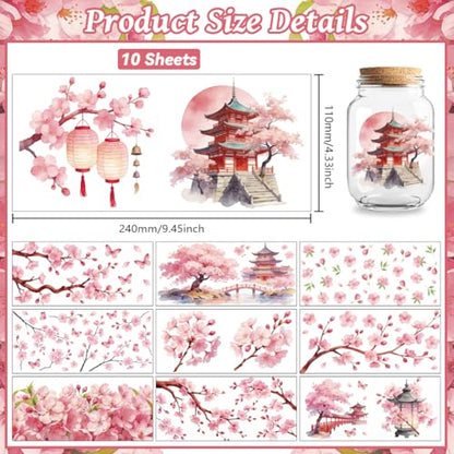 Peacoblue UV DTF Cup Wraps Transfer Stickers Cherry Blossom Pattern, 10 Sheets Waterproof Custom Vinyl Transfer Sticker 16oz Coffee Glass Cup Tumbler Bottle Mug Decals for Men Women - style: Cherry Blossom