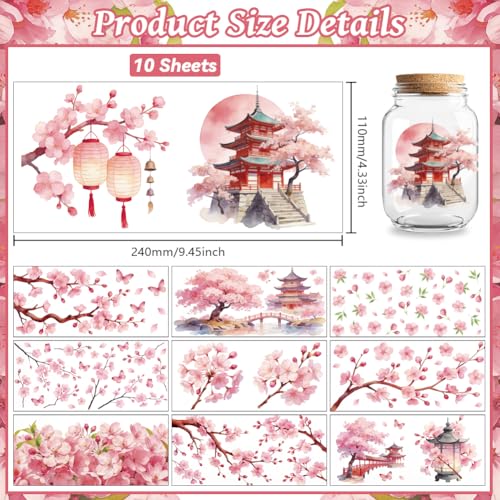 Peacoblue UV DTF Cup Wraps Transfer Stickers Cherry Blossom Pattern, 10 Sheets Waterproof Custom Vinyl Transfer Sticker 16oz Coffee Glass Cup Tumbler Bottle Mug Decals for Men Women - style: Cherry Blossom