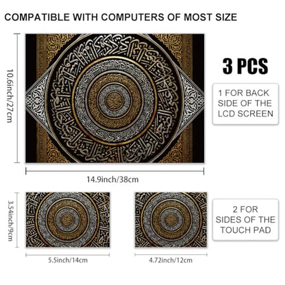 3Pcs Mandala Laptop Skin Sticker Rrtro Words Universal Removable Vinyl Stickers Fits for 12.1 13 14 15.6 16 Inch Waterproof Notebook Decal Cover Gift - color: black and bronze