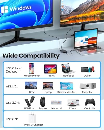 USB C to Dual HDMI Adapter, 4K@60Hz HDMI Splitter for Dual Monitors with USB 3.0, 100W PD Charging, HDMI Splitter Extended Display for MacBook Air/Pro, Dell XPS, HP, Surface, Chromebook - color: Grey 03-USB C Hub