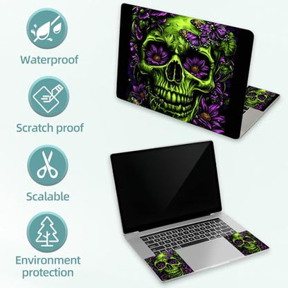 Universal Laptop Skin Decal, 3-Piece Vinyl Protector for 12 13 14 15.6" Notebook, Waterproof Anti-Scratch, Easy Trim & Bubble-Free Finish, Skull with Flowers and Butterflies - color: Skull with Flowers and Butterflies