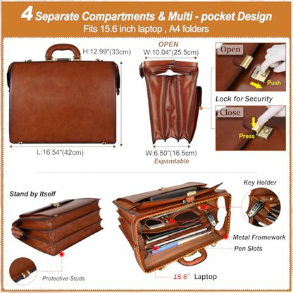 Banuce Leather Briefcase for Men with Anti-Theft Lock Fits 15.6" Laptop | Gradient Coloring Leather,Ergonomic Handle,Expandable,Detachable Shoulder Strap,Office Work,Business Travel - color: Brown