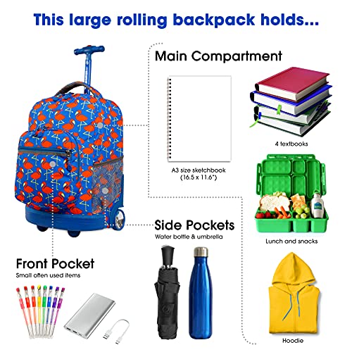 J World Sunrise Kids Rolling Backpack with Wheels for Girls Boys, Roller Bookbag for School, 18 x 13 x 9 Inches, Flamingo - color: Flamingo
