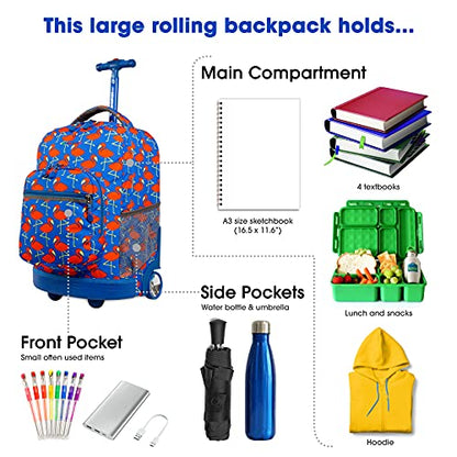 J World Sunrise Kids Rolling Backpack with Wheels for Girls Boys, Roller Bookbag for School, 18 x 13 x 9 Inches, Flamingo - color: Flamingo