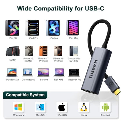 QGeeM USB C to Ethernet Adapter, 1000Mbps Gigabit RJ45 LAN Network Dongle, Thunderbolt 5/4/3 Compatible, Braided Nylon Aluminum Case for iPhone 17/16/15 Pro Max, MacBook Pro/Air M3/2, iPad, XPS - Gray - color: Classic Gray