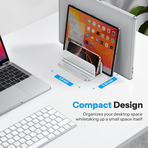 OMOTON 3-Slot Multiple Vertical Laptop Stand, Fits MacBook, Bright Silver | Adjustable Width 0-1.38", Aluminum Office Space-Saving for Desk, Fits MacBook/Book/iPad Up to 17.3in - color: Three Slots-Bright Silver