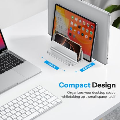 OMOTON 3-Slot Multiple Vertical Laptop Stand, Fits MacBook, Bright Silver | Adjustable Width 0-1.38", Aluminum Office Space-Saving for Desk, Fits MacBook/Book/iPad Up to 17.3in - color: Three Slots-Bright Silver