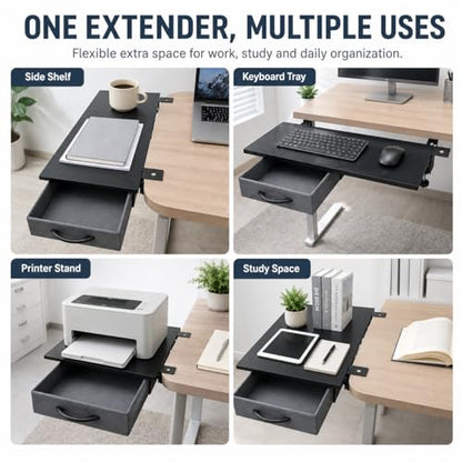 Desk Extender Tray with Drawer, 24 x 12 in, Clamp On Desk Shelf, Black | Extension Table Extender, Keyboard Tray Arm Rest, Front or Side Mount, 55 lbs, Home Office Gaming