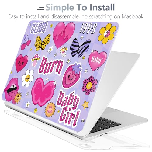 Batianda LumiArt Case for MacBook Air 13.6" M2-M5 Chip, Y2K Sticker | 4-in-1 set with cute fun Y2K sticker design, ultra slim hard shell protection for girls, teens, students and fun style lovers - color: Y2K Pink Collage