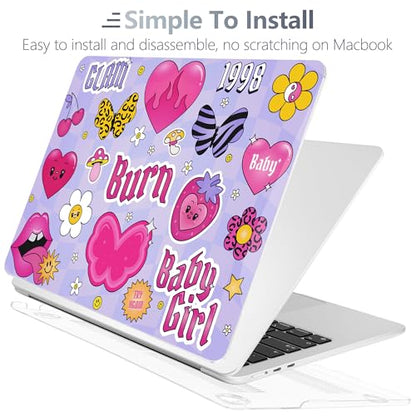 Batianda LumiArt Case for MacBook Air 13.6" M2-M5 Chip, Y2K Sticker | 4-in-1 set with cute fun Y2K sticker design, ultra slim hard shell protection for girls, teens, students and fun style lovers - color: Y2K Pink Collage