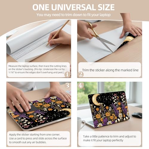 Universal Laptop Skin Sticker for 12/13/14/15.6 Inch Laptops, Reusable Vinyl Laptop Decal Cover, Waterproof Scratch Resistant Notebook Skin with 2 Wrist Pads,Wildflowers Moon - color: Wildflowers Moon