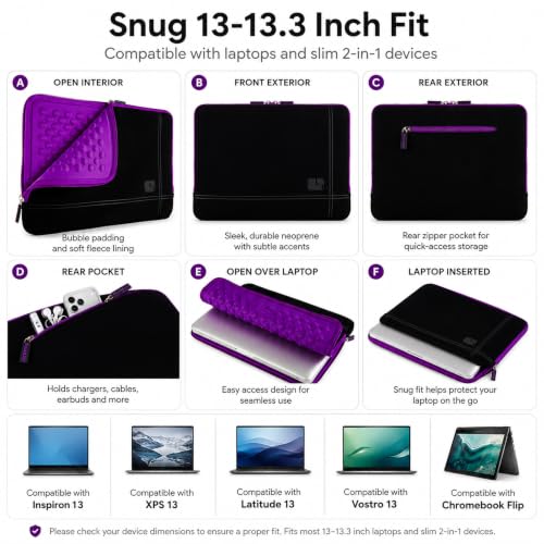 13 Inch Laptop Sleeve Neoprene Padded Case for Work and Commute - Purple - color: Purple