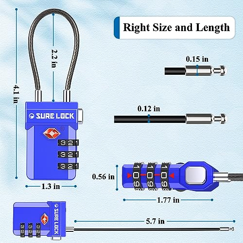 SURE LOCK TSA Approved Luggage Locks with Open Alert Indicator, 3 Digit Combination Cable Travel Lock for Suitcase, Backpack, Gym Locker, Toolbox, Carry On & Travel Bag - color: SKY BLUE 2 PACK