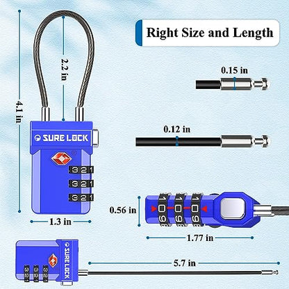 SURE LOCK TSA Approved Luggage Locks with Open Alert Indicator, 3 Digit Combination Cable Travel Lock for Suitcase, Backpack, Gym Locker, Toolbox, Carry On & Travel Bag - color: SKY BLUE 2 PACK