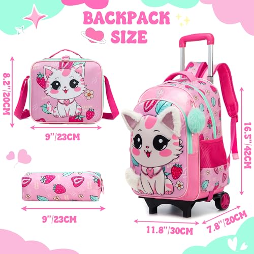 Cute Rolling Backpack for Girls School Backpacks with Wheels for Girls 8-12 Kawaii Rolling Backpack Kids Backpacks with Wheels Travel Luggage for Elementary Student - color: Pink Cat Strawberry