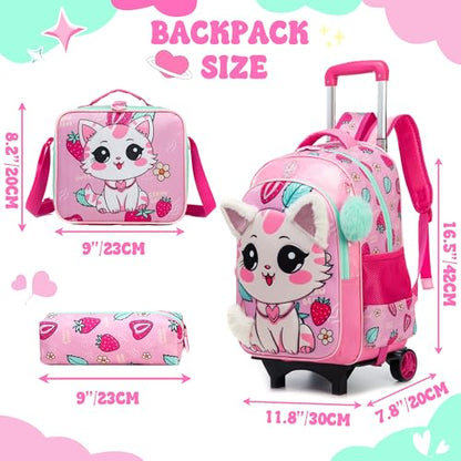 Cute Rolling Backpack for Girls School Backpacks with Wheels for Girls 8-12 Kawaii Rolling Backpack Kids Backpacks with Wheels Travel Luggage for Elementary Student - color: Pink Cat Strawberry