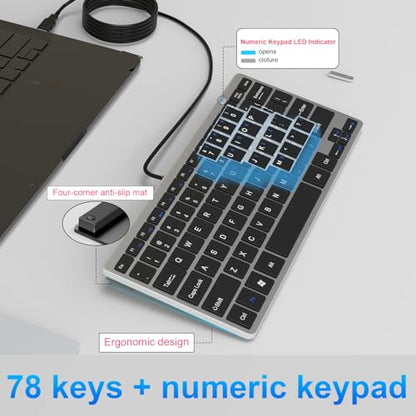 Ultra-Slim 78keys USB Mini Wired Keyboard with Media Hotkeys for Apple Mac Pro, MacBook 56Pro/ iMac, Air, Mac mini, Laptop Computers, Windows PC 11/10/8/7, with USB-A to C OTG Adapter, Silver Black - color: Silver Black, size: USB-A