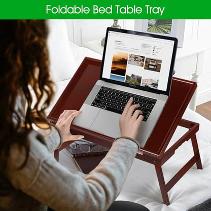 2 Pack Bamboo Bed Tray Table with Foldable Legs & Ergonomic Handle, 17x12in Breakfast Tray for Eating, Laptop Desk, Sofa Snacking, Non-Slip Surface (Mahogany) - color: Mahogany - 2 Pack