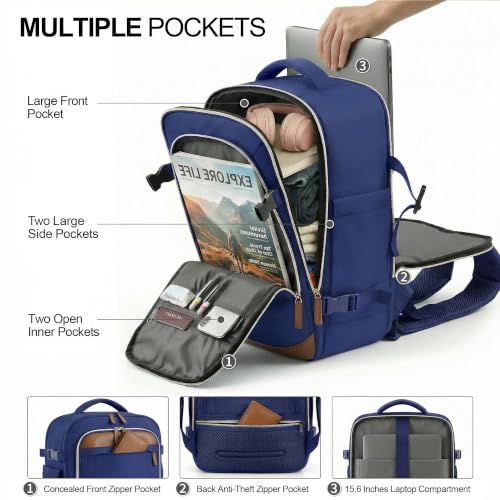 TILYMOL Travel Backpack for Women & Men - 15.6 inch Laptop Backpack Airplane Flight Approved, Large Carry On Anti-theft Bag for Travel Work Business Weekender - color: Blue