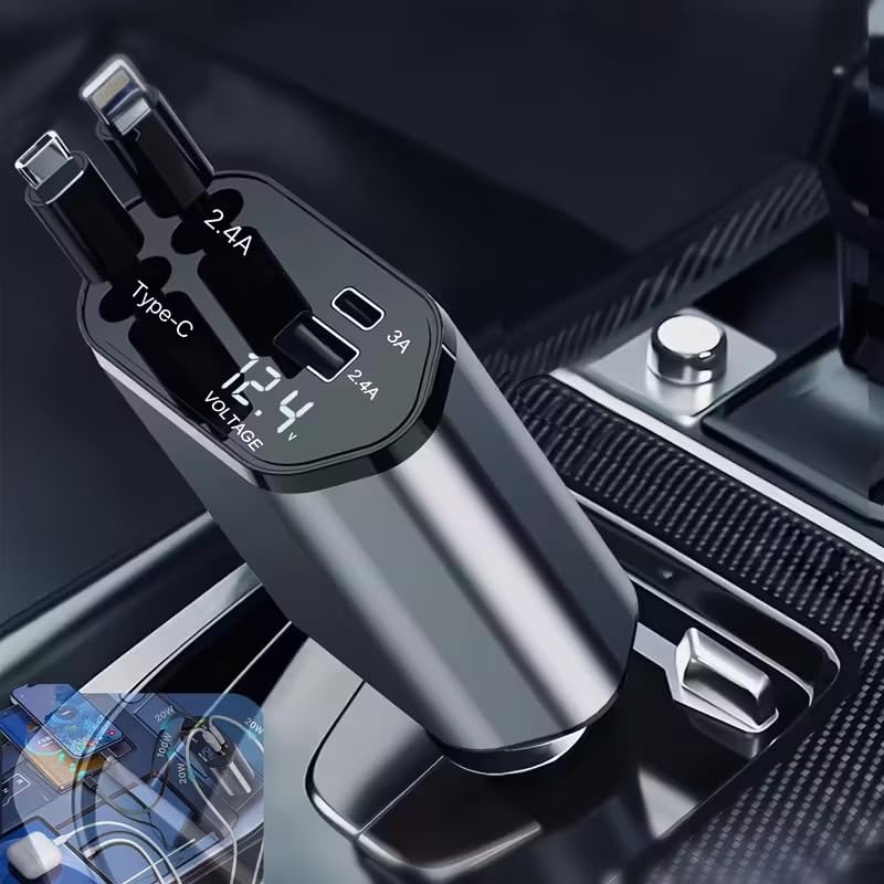 1Pc 120W 4-in-1 Telescopic Car Charger with 180° Rotating Base, 2.6 Feet (79.25Cm) Multi-Protocol Transmission Cable (PD, QC3.0), USB Type-C, Fast Charging Adapter Compatible with iPhone and Andorid