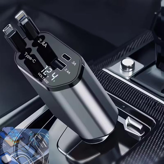 1Pc 120W 4-in-1 Telescopic Car Charger with 180° Rotating Base, 2.6 Feet (79.25Cm) Multi-Protocol Transmission Cable (PD, QC3.0), USB Type-C, Fast Charging Adapter Compatible with iPhone and Andorid