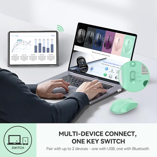TECKNET 2-in-1 Bluetooth Mouse (BT 5.0/3.0+2.4Ghz), 6-Level 4000 DPI-Green | BT 5.0/3.0 & 2.4G wireless mouse with 4000 DPI, silent clicks, ergonomic design, and USB receiver for laptop and PC. - color: Green