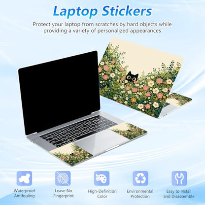 Universal Laptop Skin Sticker Decal with 2 Wrist Pad Skins, Waterproof Scratch Vinyl Cover for 11–15.6 Inch MacBook, HP, Dell, Lenovo, Cutable & Reusable,Black Cat Hiding Flowers - color: Black Cat Hiding Flowers