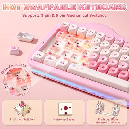 YUNZII C75 Cute 75% Wireless Mechanical Keyboard (Pink, Candy Switch) | Creamy Cake Keyboard, BT5.0/2.4G/USB-C, Hot-Swap, NKRO, PBT MOA Keycaps,5500mAh RGB Gasket Mount for Mac/Win/Gaming/Office - color: Pink, size: Candy Switch