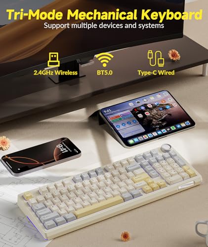 SOLAKAKA KI99 Pro 96% Wireless Gaming Keyboard, RGB Creamy Keyboardw with Knob, Hot-Swappable Pre-Lubed Switches, Gasket Structure Mechanical Keyboards (Beige-White, Non-Silent Version) - color: Beige-White, size: Non-Silent Version