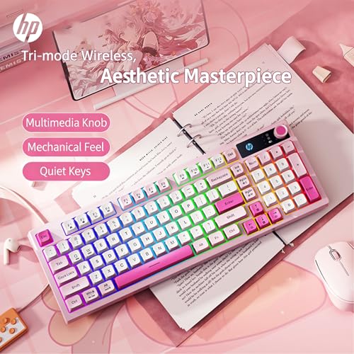 HP K500F Mechanical Gaming Keyboard, 75% Layout with RGB Backlit, Light Sound, Bluetooth/2.4GHz/USB-C Compatible with Windows/Mac/PC - Pink