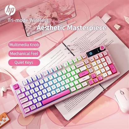 HP K500F Mechanical Gaming Keyboard, 75% Layout with RGB Backlit, Light Sound, Bluetooth/2.4GHz/USB-C Compatible with Windows/Mac/PC - Pink