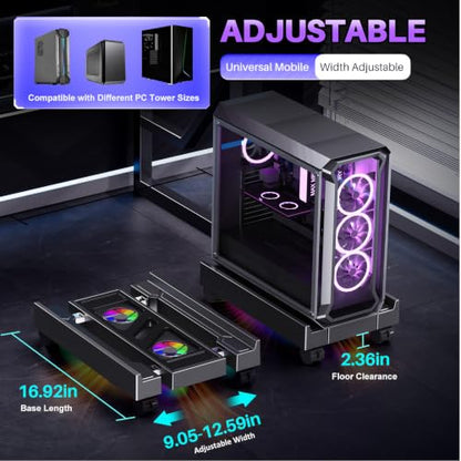 Adjustable Computer Tower Stand with Cooler Fan and Light, PC Stand for Floor, Mobile CPU Holder with 4 Caster Wheels Fits Most PC Tower, Under Desk CPU Holder for Office,Gamers and Students - style: With Fan