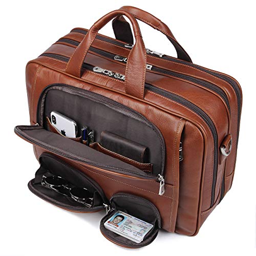 Augus Business Travel Briefcase Genuine Leather Duffel Bags for Men Laptop Bag fits 15.6 inches Laptop - color: Light Brown