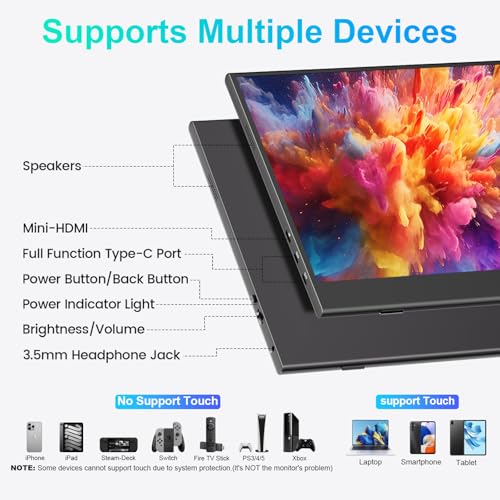 UFYQL 10-Point Touch Portable Monitor, 15.6" 1080P FHD IPS Screen, Aluminum Alloy Body with Smart Protective Cover, Dual USB-C & Mini HDMI Ports, VESA Mount Holes, for Laptop, PC,Phone