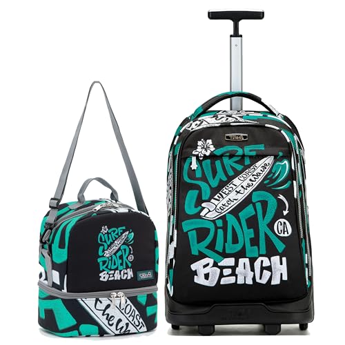 NEW TILAMI 19 Inch Rolling Backpack with Lunch Bag School Stair-Climbing | Stair-Climbing Teen Boys Girls Carry-on Suitcase Large Compartment 15.6 Laptop Sleeve Adjustable Handle Roller Travel Bag - color: Green Surf