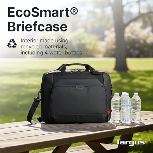 Targus 17–18 Inch Classic EcoSmart Briefcase, Large Laptop Bag with Padded Laptop Sleeve, Anti-Theft Zippers, Hidden Phone Pocket, Water-Resistant Design, Trolley Strap, Black CN418GL